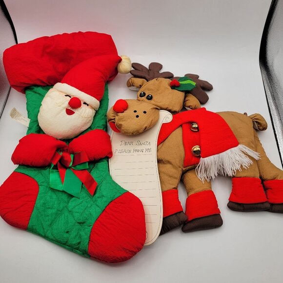 Lot of Vintage Christmas Decor Puffy Nylon Parachute Material - Santa & Reindeer - Picture 1 of 14